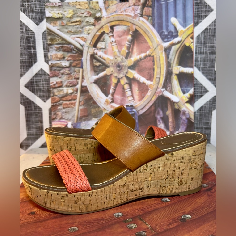 Lands' End Tan and Coral Wedge Sandals